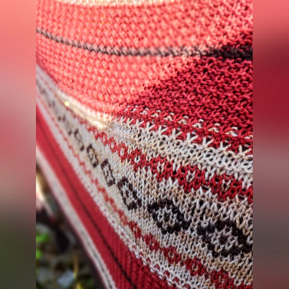 Hand Knitted Shawl One of a Kind Elegant Red Beige Coffee Brown Merino Wool - Picture 4 of 15